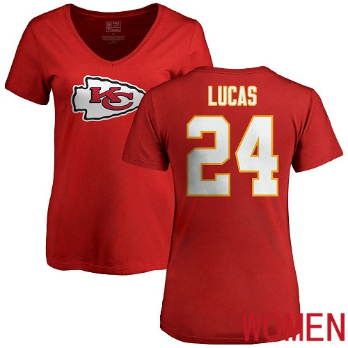 Women Football Kansas City Chiefs #24 Lucas Jordan Red Name and Number Logo Slim Fit T-Shirt